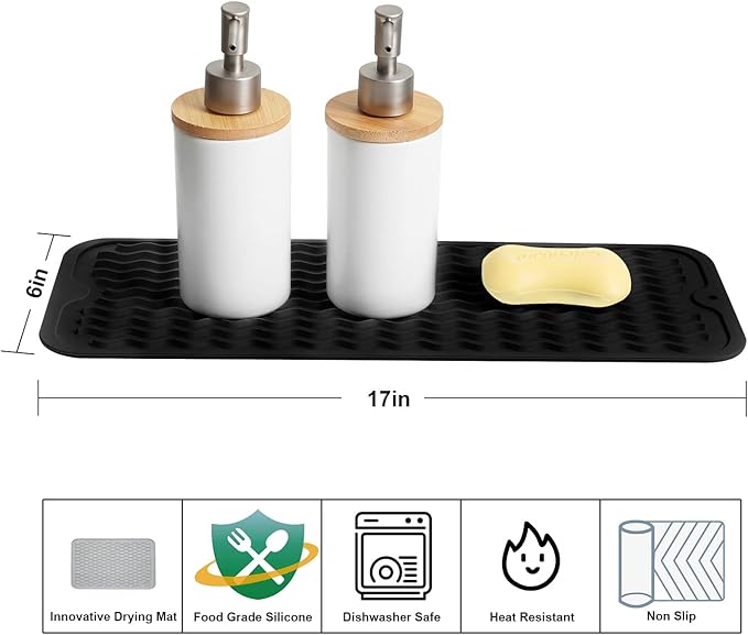 ZLR 2 Pcs Silicone Sponge Holder & Sink Caddy Tray (6" x 17") - Narrow Dish Drying Mat for Kitchen Counter - Waterproof Soap Dispenser Organizer, Non-Slip Bathroom Vanity Tray (Black) - Image 2