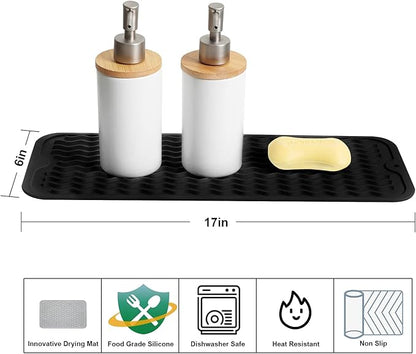 ZLR 2 Pcs Silicone Sponge Holder & Sink Caddy Tray (6" x 17") - Narrow Dish Drying Mat for Kitchen Counter - Waterproof Soap Dispenser Organizer, Non-Slip Bathroom Vanity Tray (Black) - Image 2