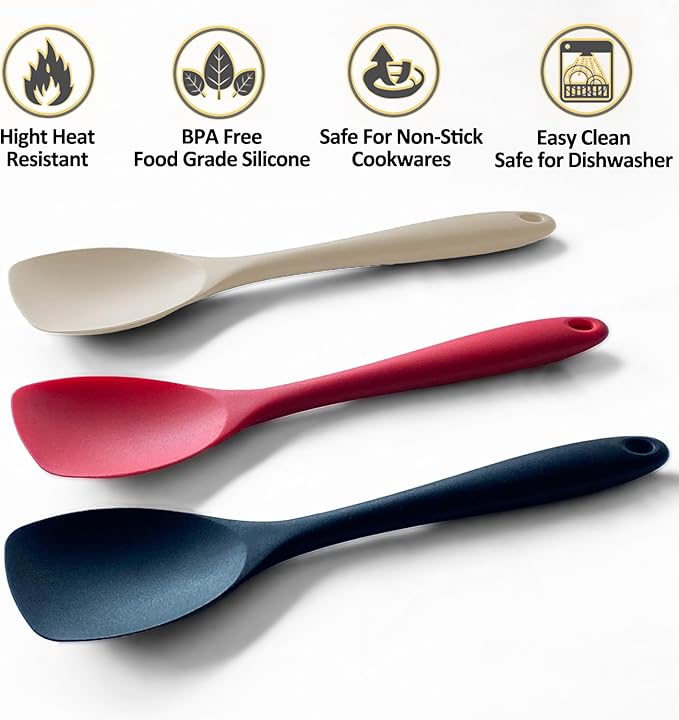 Upgrade Silicone Spatula Spoon Set,VOVOLY Heat Resistant Rubber Spoonula, Seamless Non-Stick Flexible Scrapers for Baking Mixing Tool,3 Pack, Kahki - Image 2