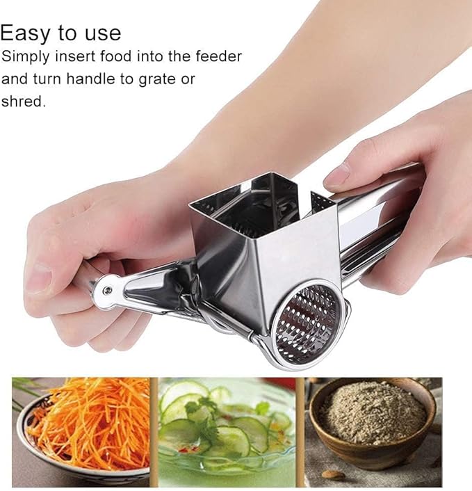 Stainless Steel Single Drum Rotary Cheese Grater, Multipurpose Rotary Cheese Grater with 3 Different Rotatable Drums for Parmesan, Mozzerella, Vegetables and More
