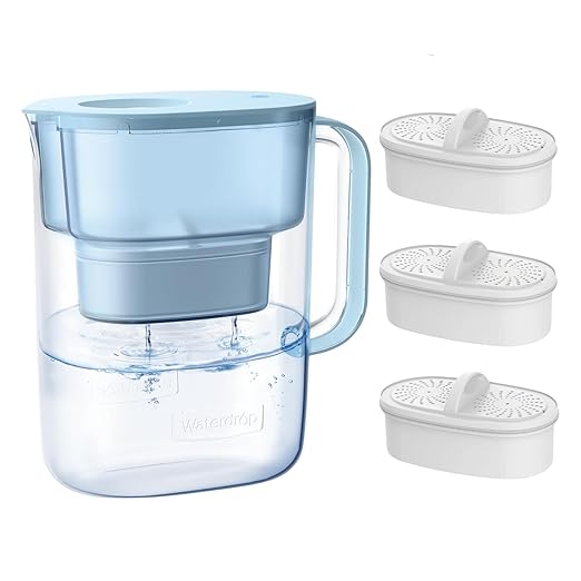 Waterdrop PT-07B Water Filter Pitcher with 3 Filters, 10-Cup, NSF Certified, 600-Gallon Long-Life, Improved Coffee & Tea Taste, Reduces PFOA/PFOS, Chlorine, 5X Longer Filter Life, Blue by Waterdrop