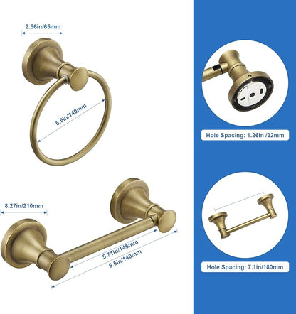 RUMOSE Toilet Paper Holder and Hand Towel Ring Antique Brass Wall Mount Bathroom Hardware Accessories 2 PCS Set Flexible Pivoting Toilet Tissue Roll Holder and Towel Hanger, Stainless Steel