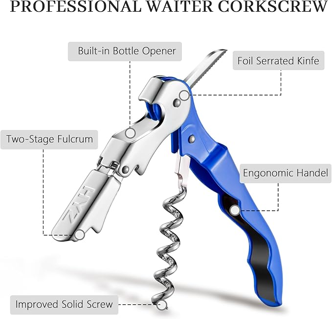 HYZ 2-Pack Wine Opener Waiter Corkscrew, Professional Wine Key for Servers, Bartender with Foil Cutter, Manual Wine Bottle Opener Double Hinged (Azure Blue) - Image 2