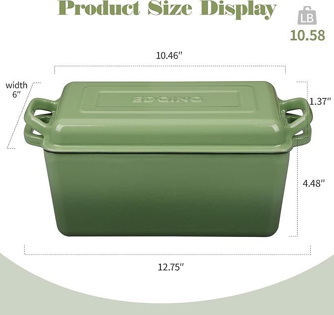 EDGING CASTING Enameled Cast Iron Dutch Oven, Oblong Bread Oven for Sourdough Bread Baking, Baking Pan, Dual Handles, Oven Safe, 4 Quart, Pistachio Green