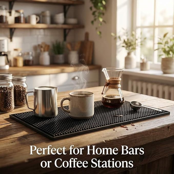 QWORK 12"x6" Black Rubber Bar Mat – 6 Pack Non-Slip Drainage Pad for Coffee Stations, Home Bars & Kitchens - Image 5