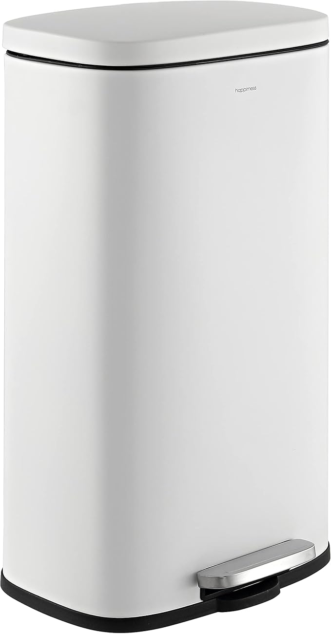 happimess HPM1011C Curtis 8-Gallon Step-Open Trash Can with Soft-Close Lid, Modern, Minimalistic, Fingerprint Proof for Home, Kitchen, Laundry Room, Office, Bedroom, Bathroom, White by Happimess
