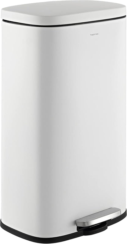 happimess HPM1011C Curtis 8-Gallon Step-Open Trash Can with Soft-Close Lid, Modern, Minimalistic, Fingerprint Proof for Home, Kitchen, Laundry Room, Office, Bedroom, Bathroom, White by Happimess