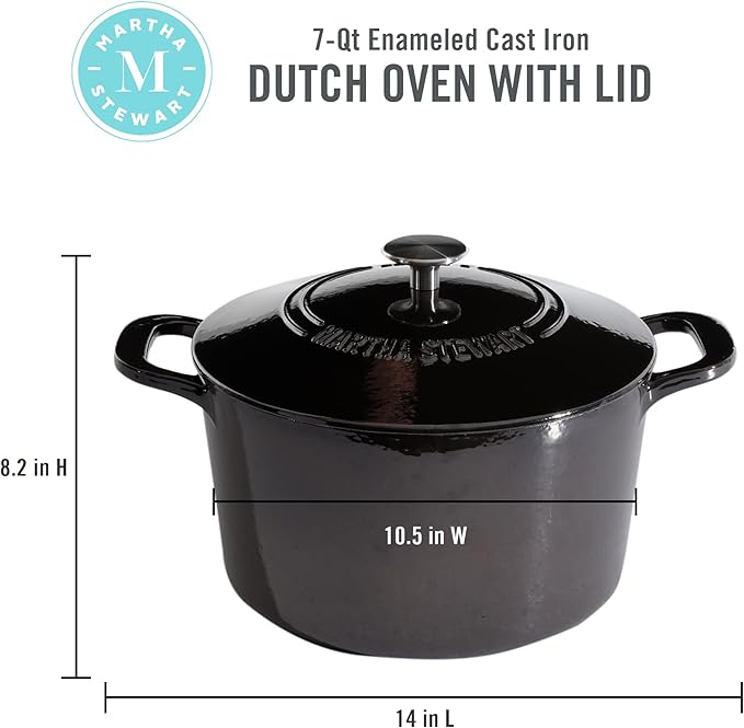 MARTHA STEWART Gatwick 7-Quart Enamel Cast Iron Dutch Oven Pot with Lid – Grey – Heavy-Duty Dutch Oven for Slow Cooking, Braising & Baking - Image 2