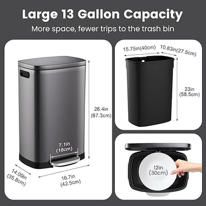 ELPHECO Kitchen Trash Can with Lid Soft Close, 13 Gallon / 50L Stainless Steel Pedal Garbage Can, Heavy-Duty Step Wastebasket with 20 Bags, Removable Bucket, Home Office, Titanium Silver - Image 3