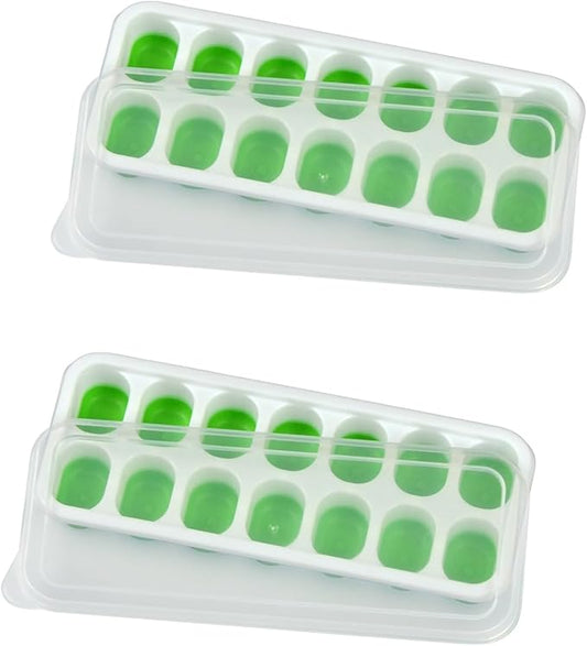 Ice Cube Tray with Lid, Easy-Release, Flexible, Ice Cube Tray, Spill-Resistant, for Freezer, Cocktail, Drinks, Coffee, 2 Pack 28 Pcs, Green, 1.1x2.8x7.2 in by Unknown