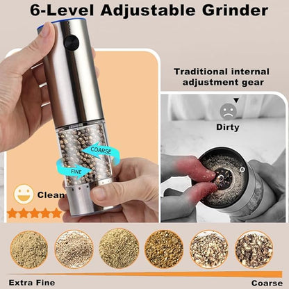 Rechargeable Electric Salt and Pepper Grinder Set, Upgraded Larger Capacity,Premium Stainless Steel Automatic Pepper Salt Mill Grinder Set with LED Light, 6 Adjustable Coarseness