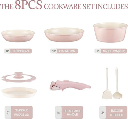 Ceramic Cookware Set Non Stick 8Pcs Pots and Pans Set Detachable Handle Induction Kitchen Cooking Set with Frying Pans Oven Dishwasher Safe, PFAS/PFOA Free, Pink - Image 2