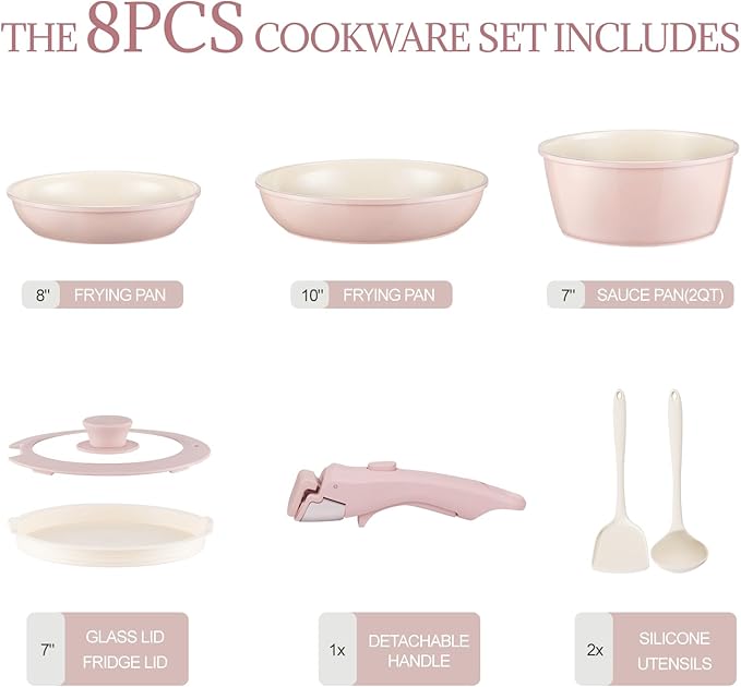 Ceramic Cookware Set Non Stick 8Pcs Pots and Pans Set Removable Handle Induction Kitchen Cookware Set with Frying Pans Oven Safe, Light Pink - Image 2