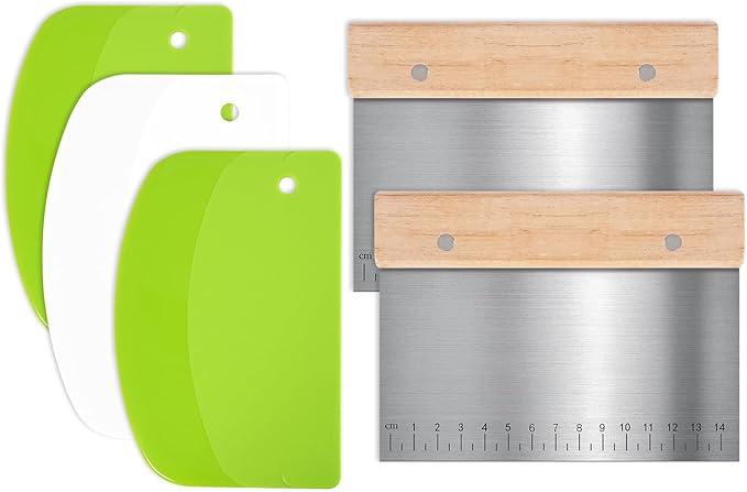 5 Pcs Bench Scraper, Bench Scraper Kitchen 2 Pcs Stainless Steel Dough Scraper with Wood Handle and 3 Pcs PP Food Scraper with Hanging Hole, Multipurpose Bread Dough Cutter for Baking-Green by MoHern