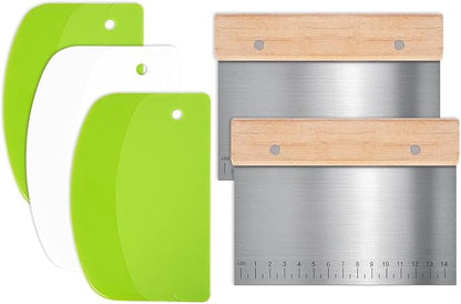 5 Pcs Bench Scraper, Bench Scraper Kitchen 2 Pcs Stainless Steel Dough Scraper with Wood Handle and 3 Pcs PP Food Scraper with Hanging Hole, Multipurpose Bread Dough Cutter for Baking-Green by MoHern