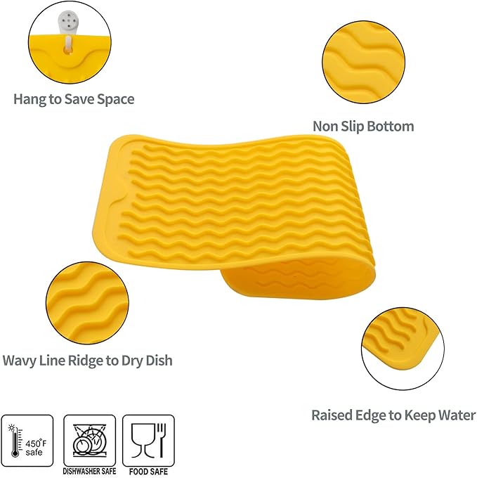 MicoYang Silicone Dish Drying Mat for Multiple Usage,Easy clean,Eco-friendly,Heat-resistant Silicone Mat for Kitchen Counter,Sink,Bar,Bottle,or Cup Yellow M 17 inches x 6 inches - Image 3