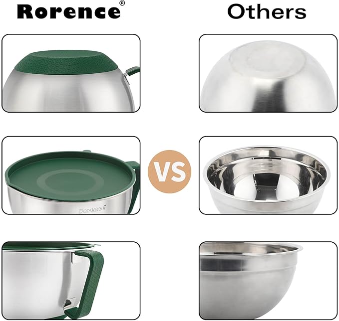 Rorence Mixing Bowls Set: Stainless Steel Non-Slip Bowls with Pour Spout, Handle and Lid - Set of 3 - Green - Image 5