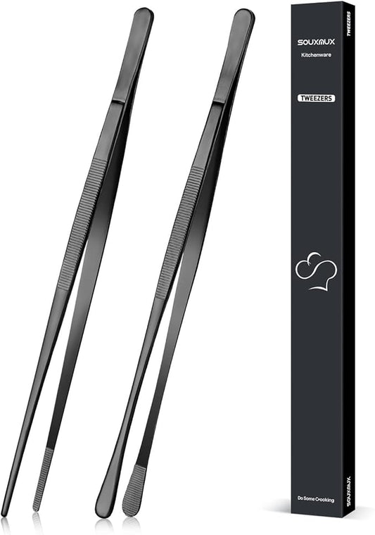 2 Pcs 12-inch Cooking Tweezers Tongs Precision Serrated Tips, Stainless Steel Professional Chef Tweezer Kitchen Tools for BBQ, Plating and Serving (Black) by SOUXMUX