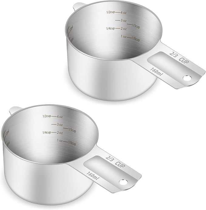 2PCS 2/3Cup (160ml, 5.3oz) Single Measuring Cup, Etched Inner Scale Stainless Steel Measure Scoop, Metric and US Measurement, Dishwasher Safe by BERYLER