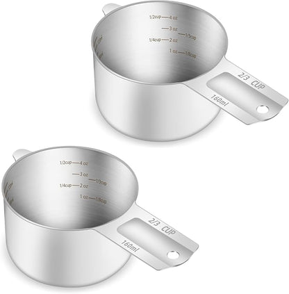2PCS 2/3Cup (160ml, 5.3oz) Single Measuring Cup, Etched Inner Scale Stainless Steel Measure Scoop, Metric and US Measurement, Dishwasher Safe by BERYLER