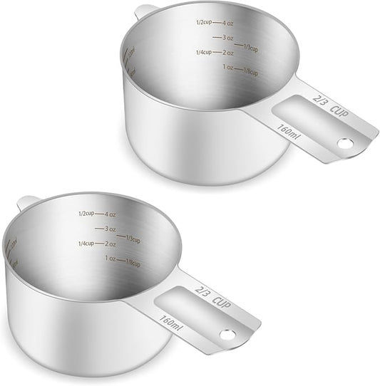 2PCS 2/3Cup (160ml, 5.3oz) Single Measuring Cup, Etched Inner Scale Stainless Steel Measure Scoop, Metric and US Measurement, Dishwasher Safe by BERYLER