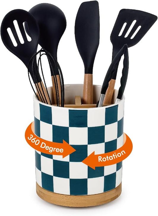 LoeJan 3 Compartment Utensil Holder, Extra Large Utensil Crock, Stable Ceramic Utensil Organizer, Cooking Tool Organizer Set for Kitchen Counter Farmhouse Decor (J-Deep Green(Square)) by LoeJan