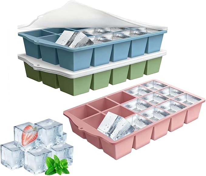 Ice Cube Trays for Freezer, 3 Pack Easy Release Slicone Ice Cube Tray with Lid, BPA Free Stackable Flexible Ice Mold 15 Square Reusable Ice Cubes for Whiskey, Baby Food, Ice Coffee (Pink+Blue+Green) by Unknown
