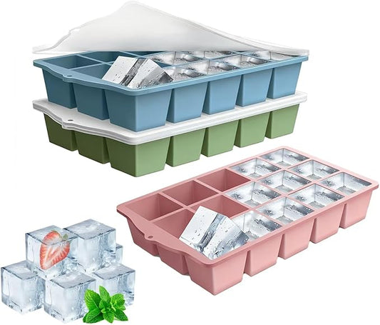 Ice Cube Trays for Freezer, 3 Pack Easy Release Slicone Ice Cube Tray with Lid, BPA Free Stackable Flexible Ice Mold 15 Square Reusable Ice Cubes for Whiskey, Baby Food, Ice Coffee (Pink+Blue+Green) by Unknown