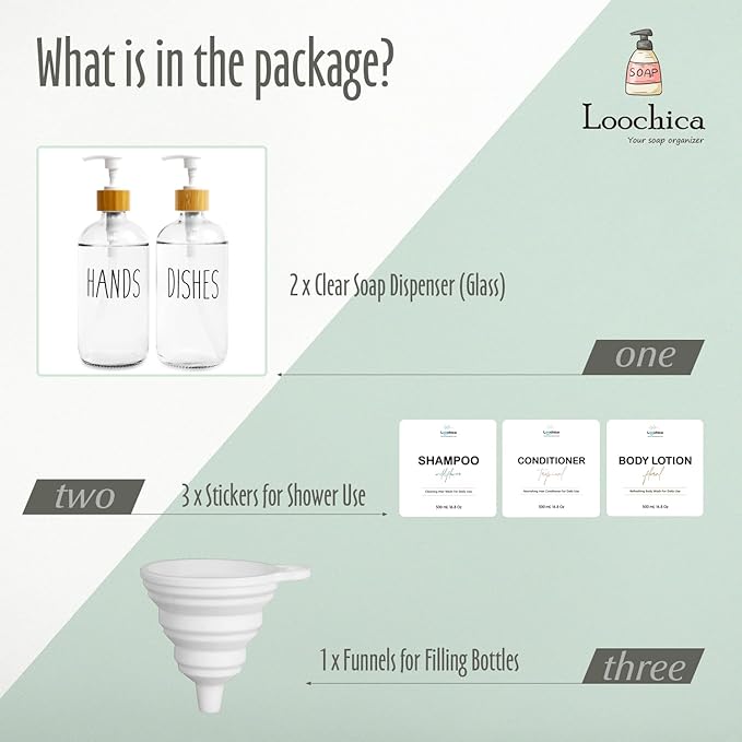 LOOCHICA 2 Pack Clear Glass Soap Dispenser with Plastic Pump, Transparent Dish and Hand Soap Dispenser Set, Refillable Reusable Apothecary Soap Pump Dispenser Bottles for Bathroom and Kitchen - Image 2