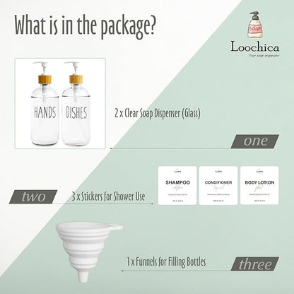 LOOCHICA 2 Pack Clear Glass Soap Dispenser with Plastic Pump, Transparent Dish and Hand Soap Dispenser Set, Refillable Reusable Apothecary Soap Pump Dispenser Bottles for Bathroom and Kitchen - Image 2