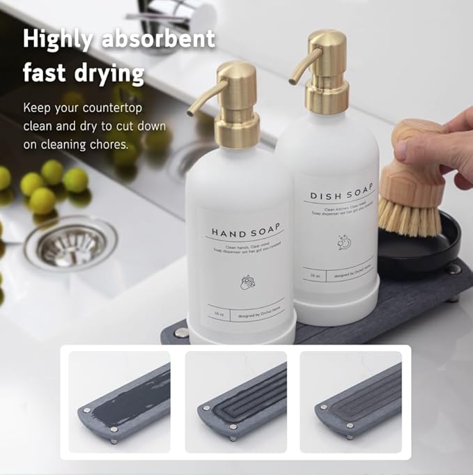 [Luxury] Kitchen Soap Dispenser Set - 16OZ White Glass Bottle, Stainless Steel Pump, Instant Dry Tray, Waterproof Labels, Non-Slip Silicone Pad, and Dish Brush | Upgrade for Your Kitchen and Bathroom - Image 2