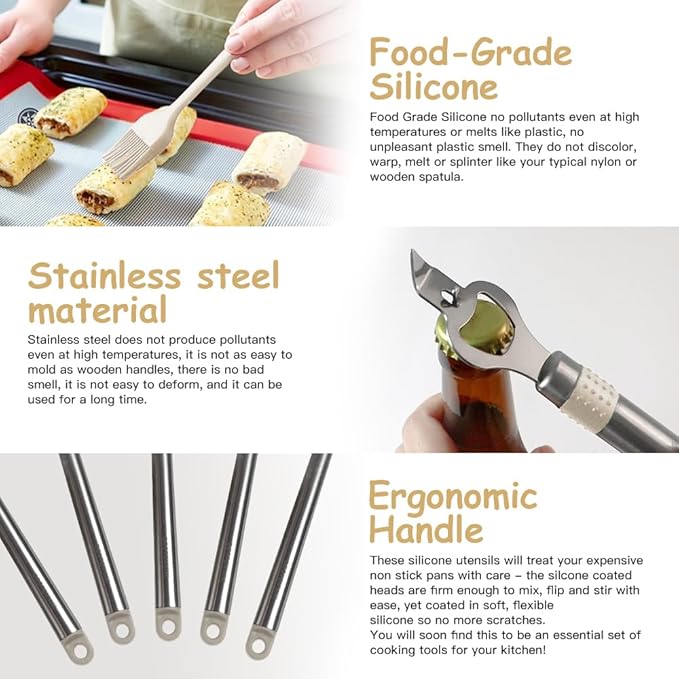 Kitchen Utensil Set-Silicone Cooking Utensils-33 Kitchen Gadgets & Spoons for Nonstick Cookware-Silicone and Stainless Steel Spatula Set-Best Kitchen Tools, Useful Pots (Khaki) - Image 5