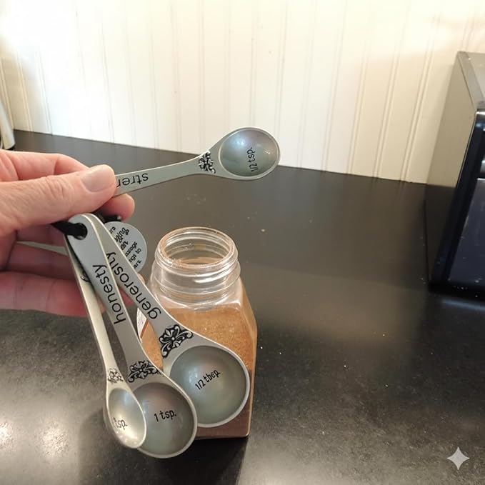 Amazing Woman Measuring Spoon Set, Decorative Gifts and Kitchen Accessories, 4 Spoons, Engraved Pewter and Silver Enamel, By Abbey & CA Gift - Image 2