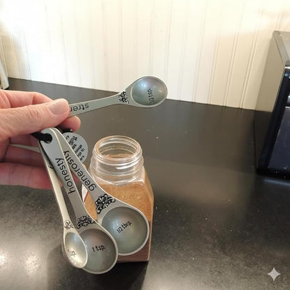 Amazing Woman Measuring Spoon Set, Decorative Gifts and Kitchen Accessories, 4 Spoons, Engraved Pewter and Silver Enamel, By Abbey & CA Gift - Image 2