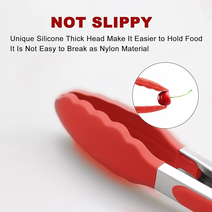 2 Pack Silicone Kitchen Tongs – 9" & 12" Set, Heat Resistant up to 500°F, Non‑Stick Cookware Safe, Wavy Silicone Tips, BPA Free, Locking Clip & Hanging Loop, Red - Image 2