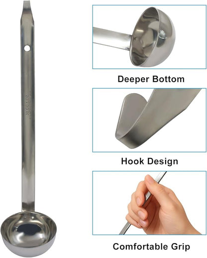 Hitefu 3 Pcs Stainless Steel Soup Ladle Set with Pouring Rim & Long Hooked Handles for Cooking, Serving Soup, Sauce, Stews (3 oz)