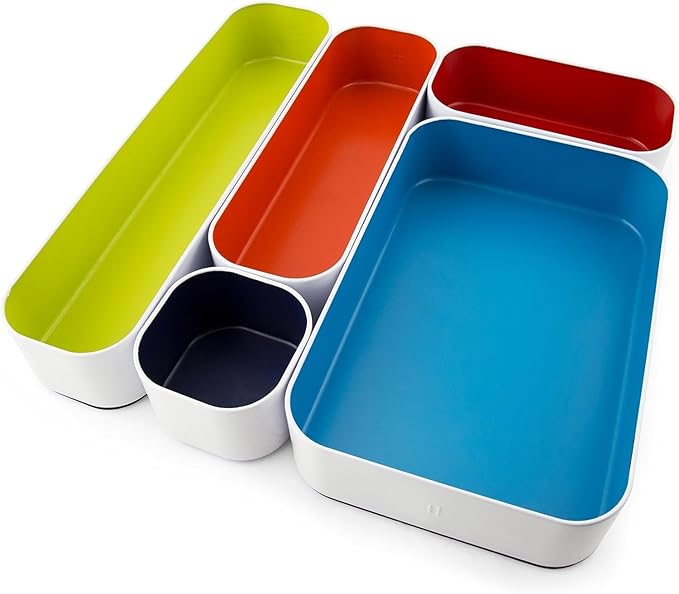 Three by Three Seattle 5 Piece Metal Organizer Tray Set for Storing Makeup, Stationery, Utensils, and More in Office Desk, Kitchen and Bathroom Drawers (2 Inch, Assorted Colors) by ThreebyThreeSeattle