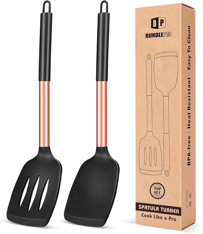 Pack of 2 Silicone Solid Turner, Non Stick Slotted Kitchen Spatulas, High Heat Resistant BPA Free Cooking Utensils, Ideal Cookware for Fish, Eggs, Pancakes(Rose Gold Black) by BUNDLEPRO