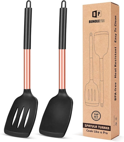 Pack of 2 Silicone Solid Turner, Non Stick Slotted Kitchen Spatulas, High Heat Resistant BPA Free Cooking Utensils, Ideal Cookware for Fish, Eggs, Pancakes(Rose Gold Black) by BUNDLEPRO