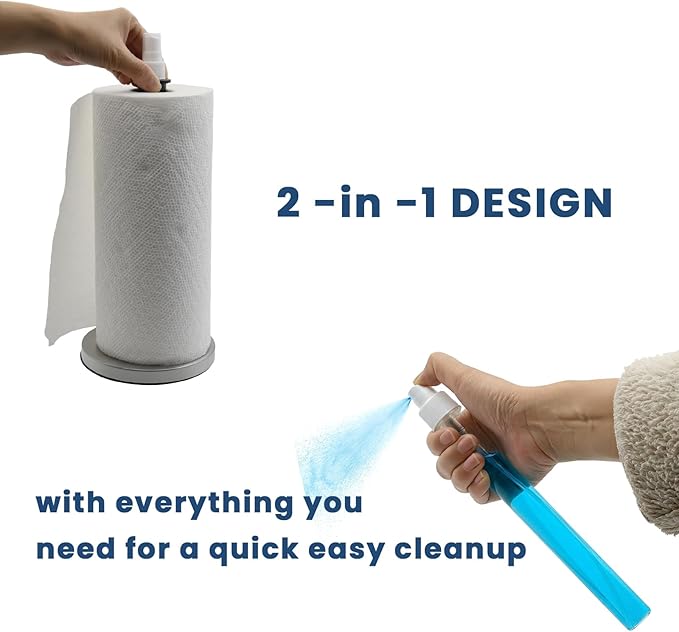 2 in 1 Paper Towel Holder with Spray Bottle, Countertop Paper Towel Holder with Weighted Base, Stainless Steel Paper Towel Roll Holder Black for Kitchen, Bathroom (Silver)