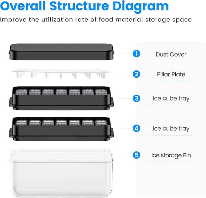 Ice Cube Tray with Lid and Bin, PHINOX 56 pcs Ice Trays for Freezer, Ice Cube Trays for Freezer with 2 trays, Container, Lid & Ice Scoop, BPA Free, Black - Image 8