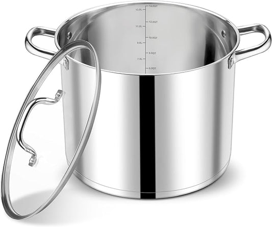 P&P CHEF 14 QT Stock Pot with Lid, Stainless Steel Large Cooking Pot, Soup Canning Stockpot for Stewing Simmering, Tri-ply Bottom for All Stoves, Heavy-Duty &Dishwasher Safe & Food-Grade by PPCHEF