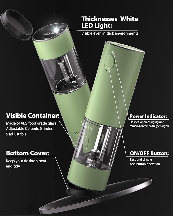 TOMEEM Upgraded Larger Capacity Electric Salt and Pepper Grinder Set Rechargeable with LED lights, Stainless Steel Automatic Pepper and Salt Grinder Refillable with 5 Adjustable Coarseness Green - Image 7