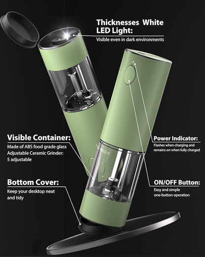 TOMEEM Upgraded Larger Capacity Electric Salt and Pepper Grinder Set Rechargeable with LED lights, Stainless Steel Automatic Pepper and Salt Grinder Refillable with 5 Adjustable Coarseness Green - Image 7