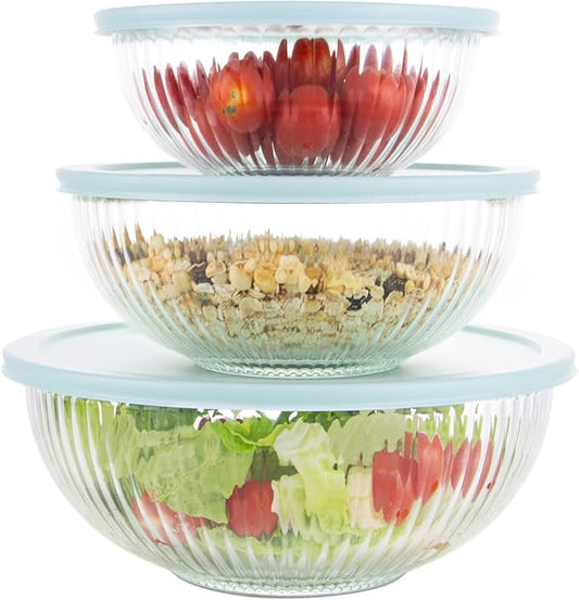 WhiteRhino Glass Mixing Bowls with Lids Set of 3(3.7QT, 2.1QT, 1.1QT),Large Kitchen Salad Bowls, Space-Saving Nesting Bowls, Clear Glass Serving Bowls for Cooking,Baking,Prepping,Dishwasher Safe by WhiteRhino