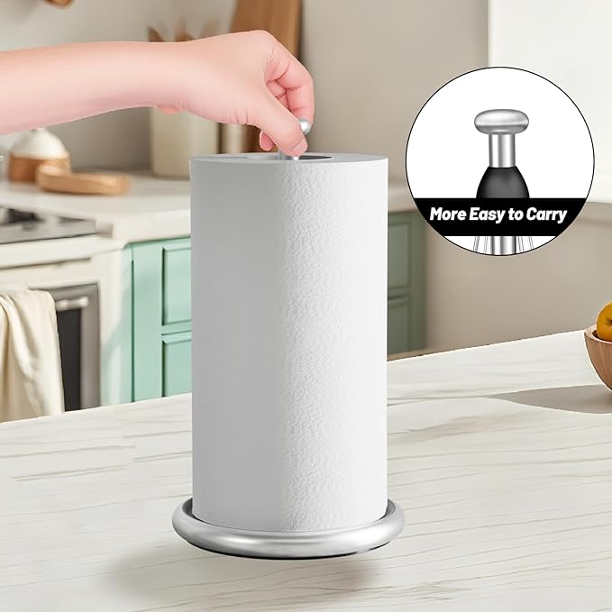 VEHHE Simply Tear Paper Towel Holder Countertop with EVA Non-Slip Pad, Damping Function Paper Towel Stand with Weighted Base for Bathroom and Kitchen (Silver) - Image 7