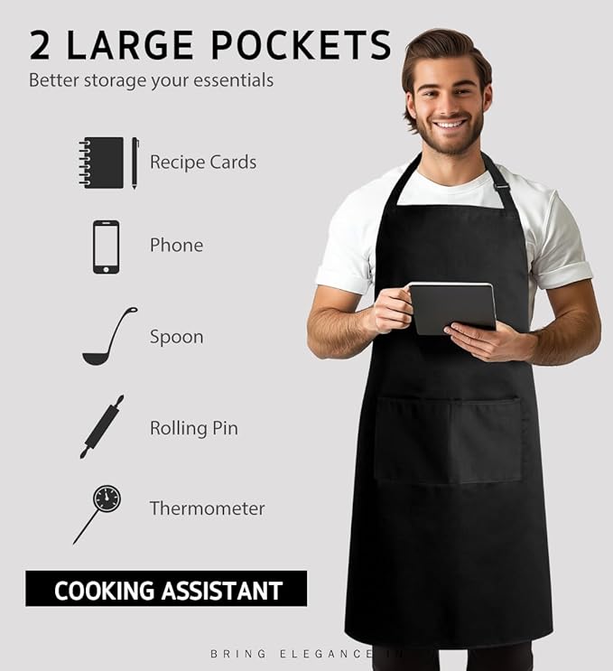 Syntus Apron for Men Women, Adjustable Cooking Kitchen Chef Aprons with 2 Pockets, Cotton/Polycotton/Polyester - Image 4