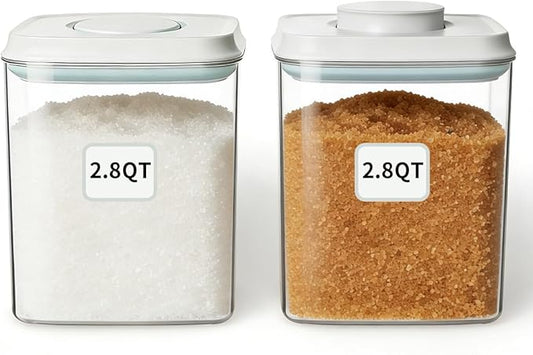 Food Storage Container Set 2.8 Qt ×2 with Lids, Airtight Pantry Canisters, BPA-Free Plastic Flour Sugar Storage Containers, One-Touch Press-to-Open Lids, Stackable Clear Jars for Rice, Cereal, Coffee