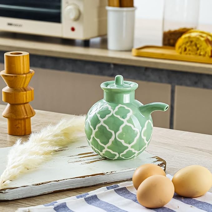 KXZ Ceramic Oil Dispenser with Lid – 13.5 oz Olive Oil Bottle for Kitchen, Soy Sauce or Vinegar, Decorative Ceramic Olive Bottle Dispenser, Small Oil Container Kitchen Cruet Decanter