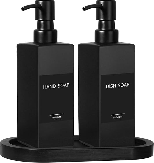 GMISUN Kitchen Soap Dispenser Set, Hand and Dish Soap Dispensers Set, Black Liquid Soap Dispenser with Tray, Refillable Dish Dispensers for Kitchen, Glass Soap Bottles with Stainless Steel Pump by GMISUN
